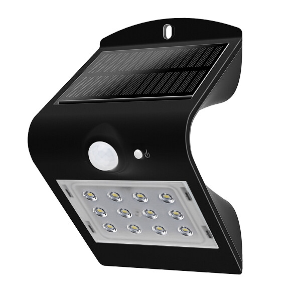 LED Solarleuchte 1,5 Watt schwarz 220lm 3000K IP65, Sensor, 2 Modi, Li-Ion Akku, indirektes Licht