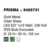 Nova Luce 9426731 Prisma E27 Pendelleuchte Gold, Transparent