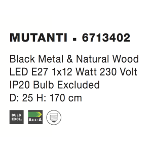 Nova Luce 6713402 Mutanti E27 Stehlampe Schwarz, Naturholz