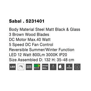 Nova Luce 5231401 Sabal LED Ventilator Schwarz, Braun