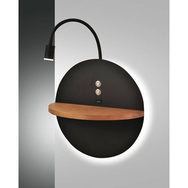 Fabas Luce Dual Wand-Leseleuchte LED 1x9W (Backligt) und 1x65W (Leselicht) Metall schwarz und Eichenholz